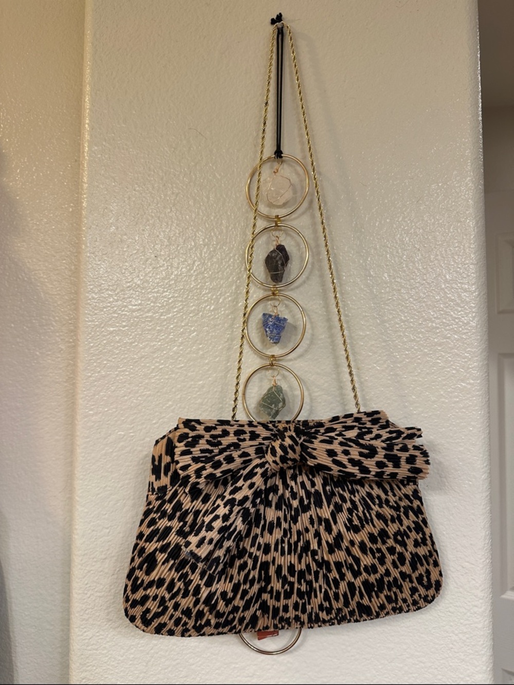 Loeffler Randall Pleated Leopard Bow Clutch w/ Gold Chain Strap Evening Bag - Picture 4 of 17
